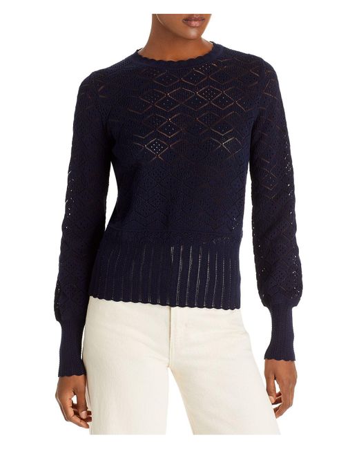 Rebecca Taylor Blue Pointelle Crew Neck Pullover Sweater
