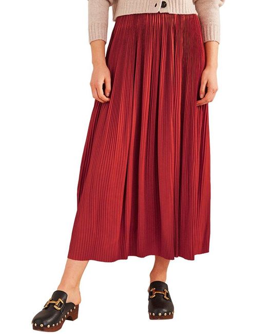 Boden Red Pleated Satin Midi Skirt