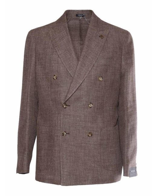 BRERAS Milano Brown Double-Breasted Textured Jacket With Classic Lapel for men