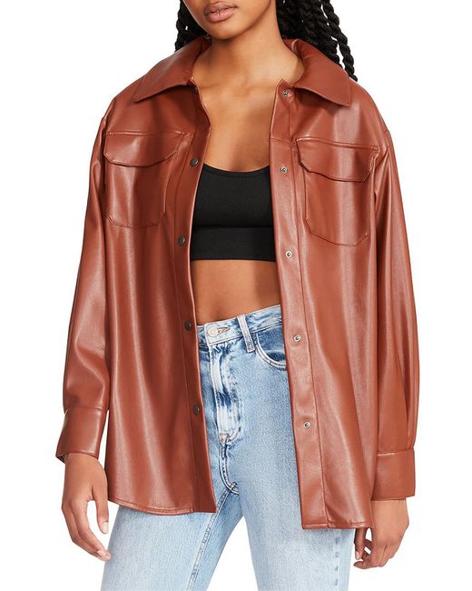 Steve Madden Red Faux Leather Snap Front Shirt Jacket