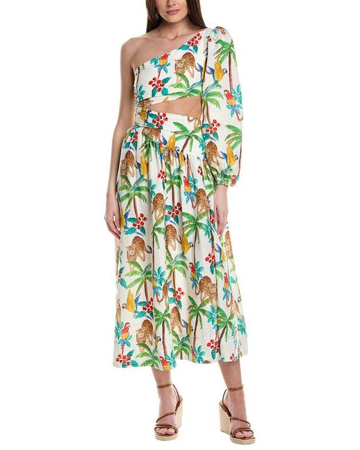 Farm Rio Green Tropical Paradise One-shoulder Linen-blend Midi Dress