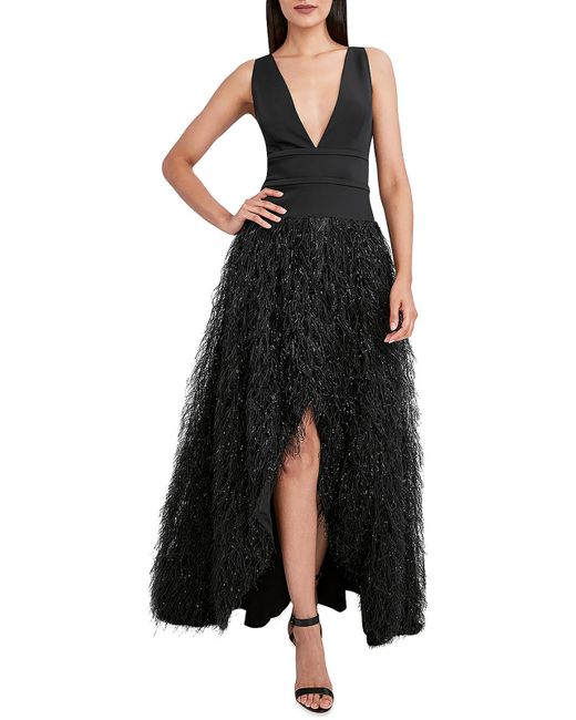 BCBGMAXAZRIA Black Feathers Hi-low Evening Dress
