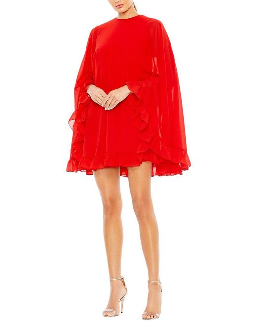 Mac Duggal Red High Neck Ruffle Hem Cape Mini Dress