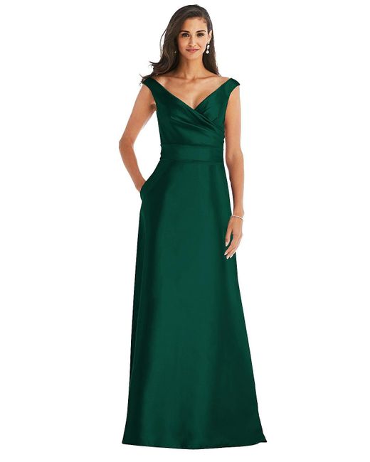 Alfred Sung Green Off-the-shoulder Draped Wrap Satin Maxi Dress