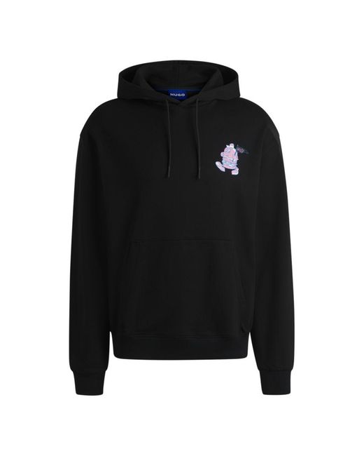 HUGO Black Cotton-Terry Hoodie With Street-Food Graphics for men