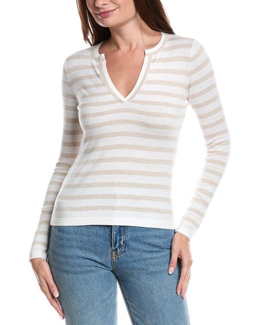 Forte White Split Neck Cashmere-Blend Sweater