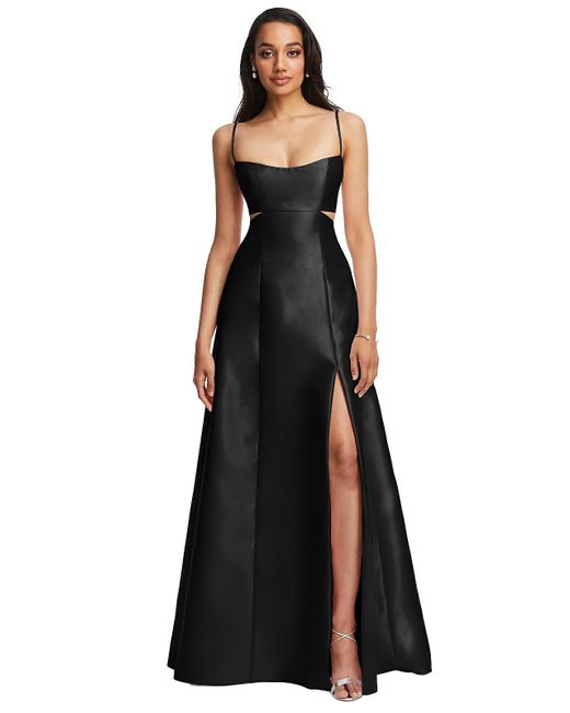 Alfred Sung Black Open Neckline Cutout Satin Twill A-line Gown With Pockets