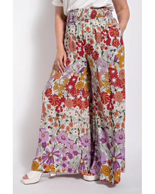 TRUEDAMES Red Fashnzfab Flare Wide Leg And Waist Smocked Pants With Side Pocket