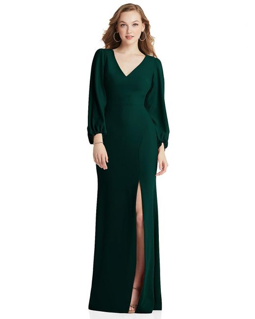 Dessy Collection Green Long Puff Sleeve V-neck Trumpet Gown