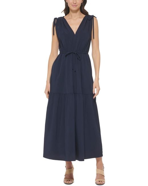 Calvin Klein Blue Drawstring Shoulders Long Maxi Dress