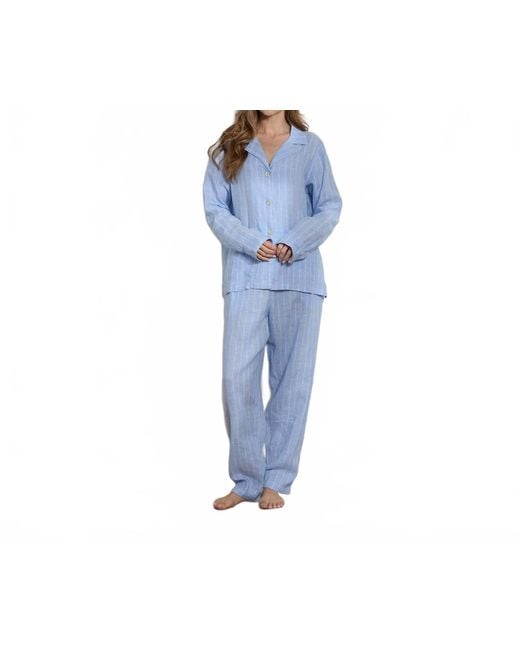 The Sleep Code Blue Striped Linen Long Pj Set