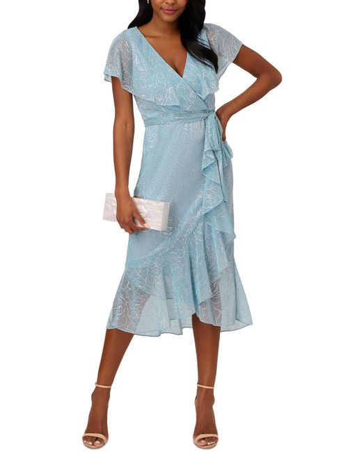 Adrianna Papell Blue Metallic Sheer Cocktail And Party Dress