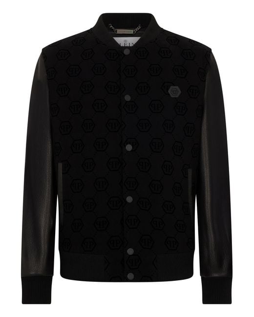 Philipp Plein Black Varsity Bomber Monogram Monogram for men