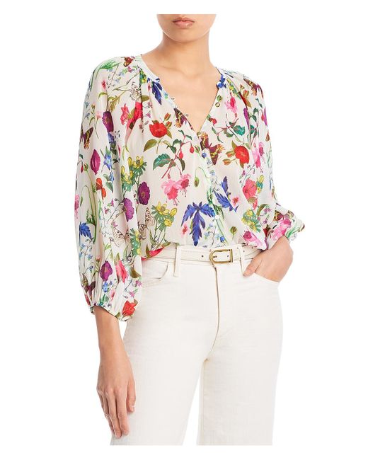 L'Agence White Bishop Sleeve Floral Print Button-down Top