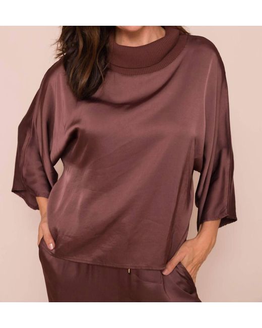 Suzy D Brown Galina Silky Batwing Top With Rib Cowl Neck Top