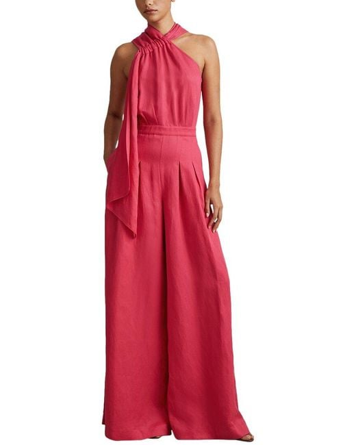 Reiss Red Selena Halter Linen-Blend Jumpsuit
