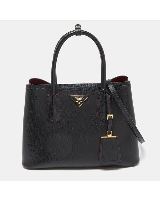 Prada Saffiano Cuir Leather Small Double Handle Tote in Black | Lyst