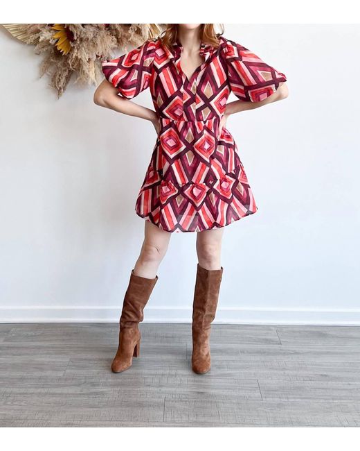 Thml Puff Sleeve Vneck Pattern Dress In Red Multi Lyst
