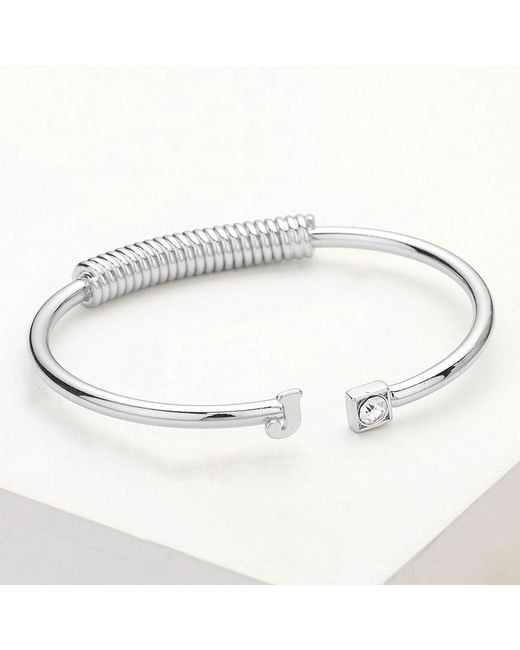 Fashnzfab Metallic J- Initial Monogram Brass Metal Round Stone Tip Cuff Bracelet Rhodium