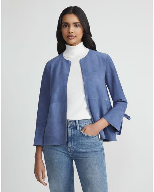 Lafayette 148 New York Blue Lambsuede Flared Cuff Jacket