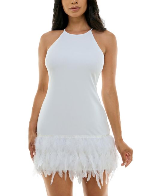 B Darlin White Juniors Feather Trim Mini Cocktail And Party Dress