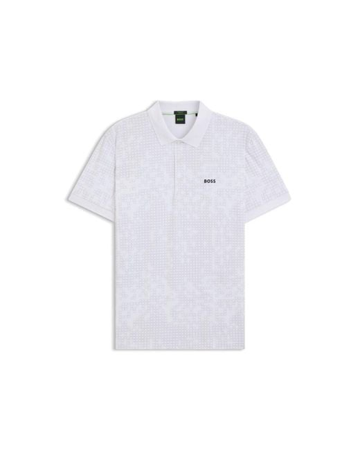 Boss White Stretch-Cotton Polo Shirt With All-Over Print for men