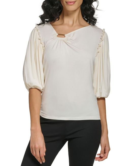 DKNY Gray Embellished Puff Sleeve Blouse