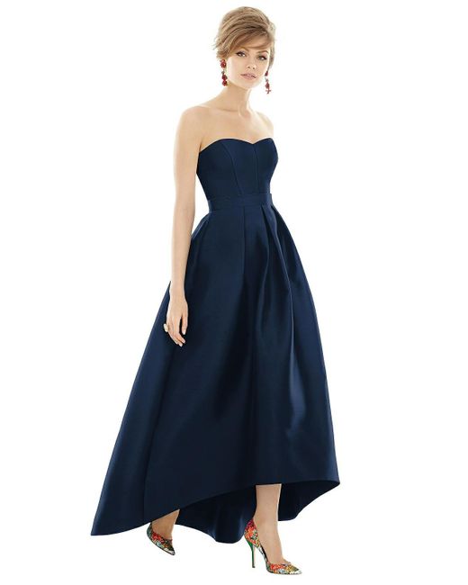 Alfred Sung Blue Strapless Satin High Low Dress With Pockets