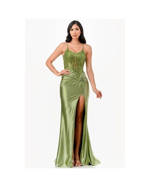 TRUEDAMES Green Sequin Lace And Satin Front Twist Long Dress