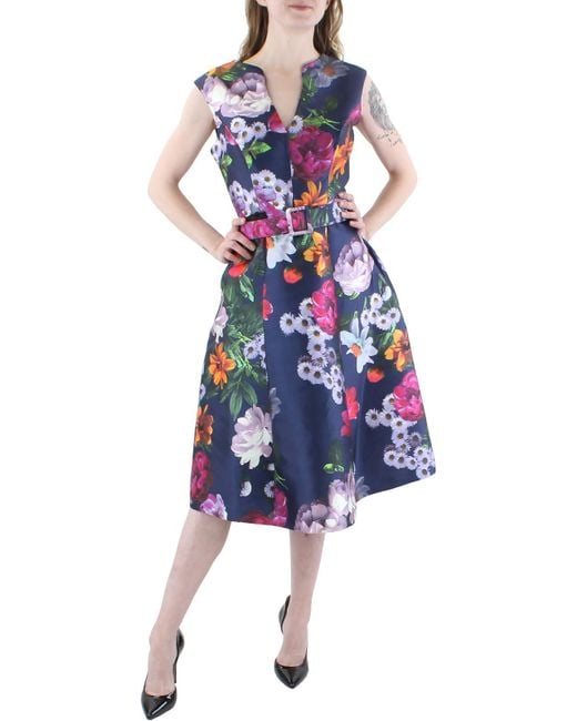 Kay Unger Blue Floral Pleated Cocktail And Party Dress