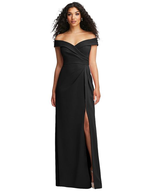 After Six Black Cuffed Off-the-shoulder Pleated Faux Wrap Maxi Dress