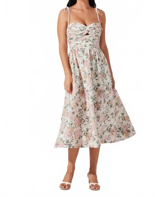 Astr Sariah Pleated Eyelet Midi Dress in Natural | Lyst