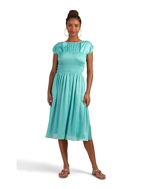 Trina Turk Women's Blue Entertain Midi Dress Smocked Cap Sleeve Jdm523