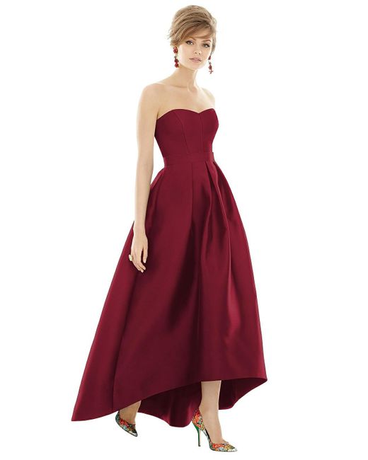 Alfred Sung Red Strapless Satin High Low Dress With Pockets
