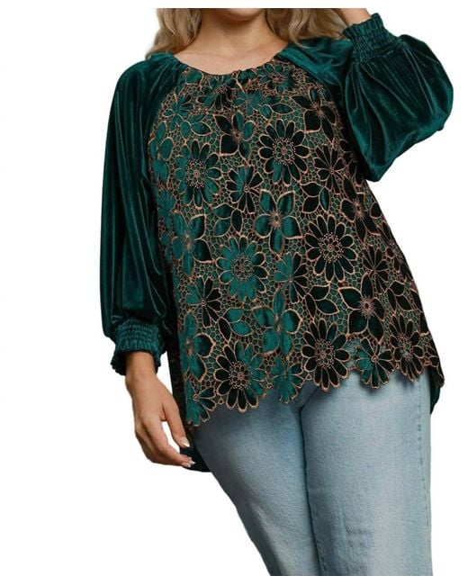 Umgee Green Floral Lace Velvet Top