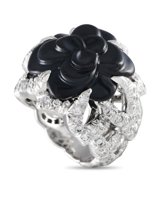 Chanel Metallic Camlia 18k Gold 2.50ct Diamond And Onyx Cocktail Ring Ch08-012224