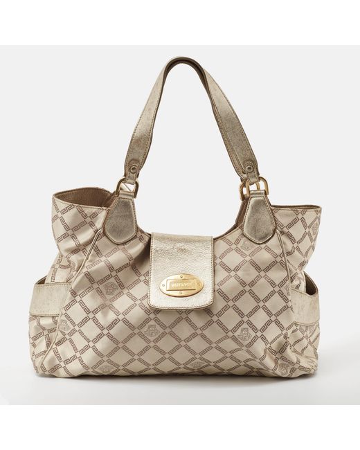 Versace Metallic Pale Gold/light Signature Fabric And Leather Tote