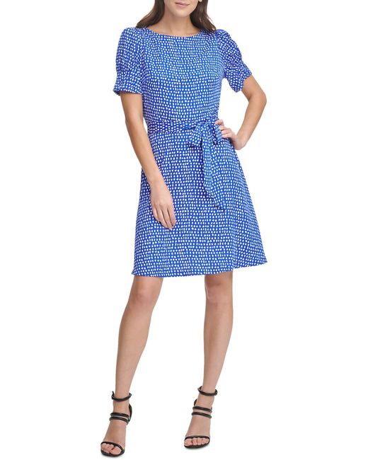DKNY Blue Petites Belted Puff Sleeves Fit & Flare Dress