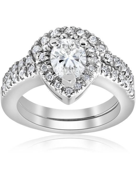 Pompeii3 Metallic 1 1/4ct Pear Shape Diamond Halo Wedding Engagement Bridal Set