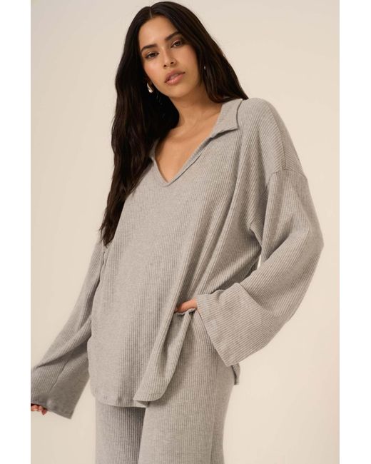Project Social T Natural Zoey Brushed Rib Collared Long Sleeve