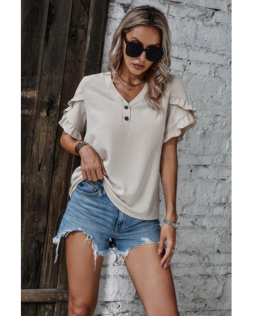 TRUEDAMES White Solid Button V Neck Ruffle Sleeves Blouse