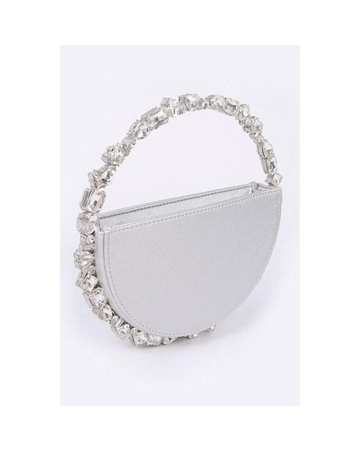 Fashnzfab White Crystal Handle Metallic Circle Clutch