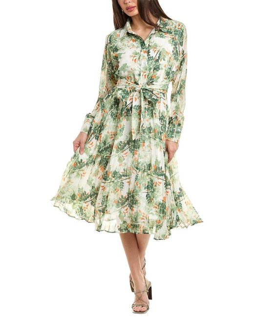 Gracia Green Floral Print Waist Bow Pleated Midi Dress