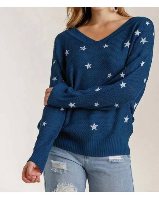 Umgee Blue Star Print V-Neck Sweater