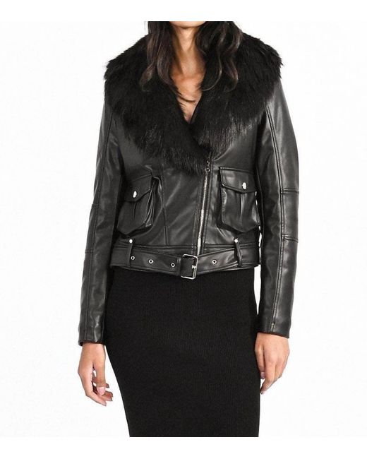 Molly Bracken Black Faux Leather Moto Jacket With Faux Fur Collar