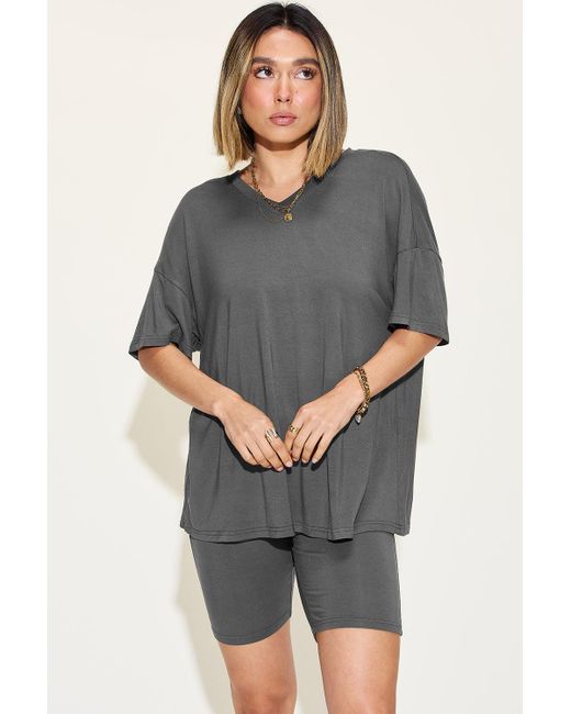 TRUEDAMES Gray Full Size V-Neck Drop Shoulder T-Shirt And Shorts Set