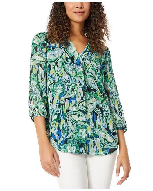 Jones New York Green Tunic Top Abstract Print V-Neck Blouse Fts10