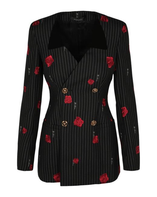 Versace Black Rose Print Striped Double Breasted Jacket