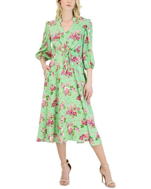 Julia Jordan Green Floral Front Tie Midi Dress