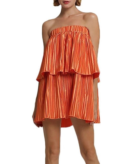 L'idée Orange Reveries Strapless Pleated Mini Dress